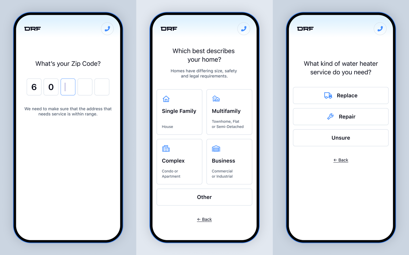 Mobile-responsive screens from the user self-evaluation journey.