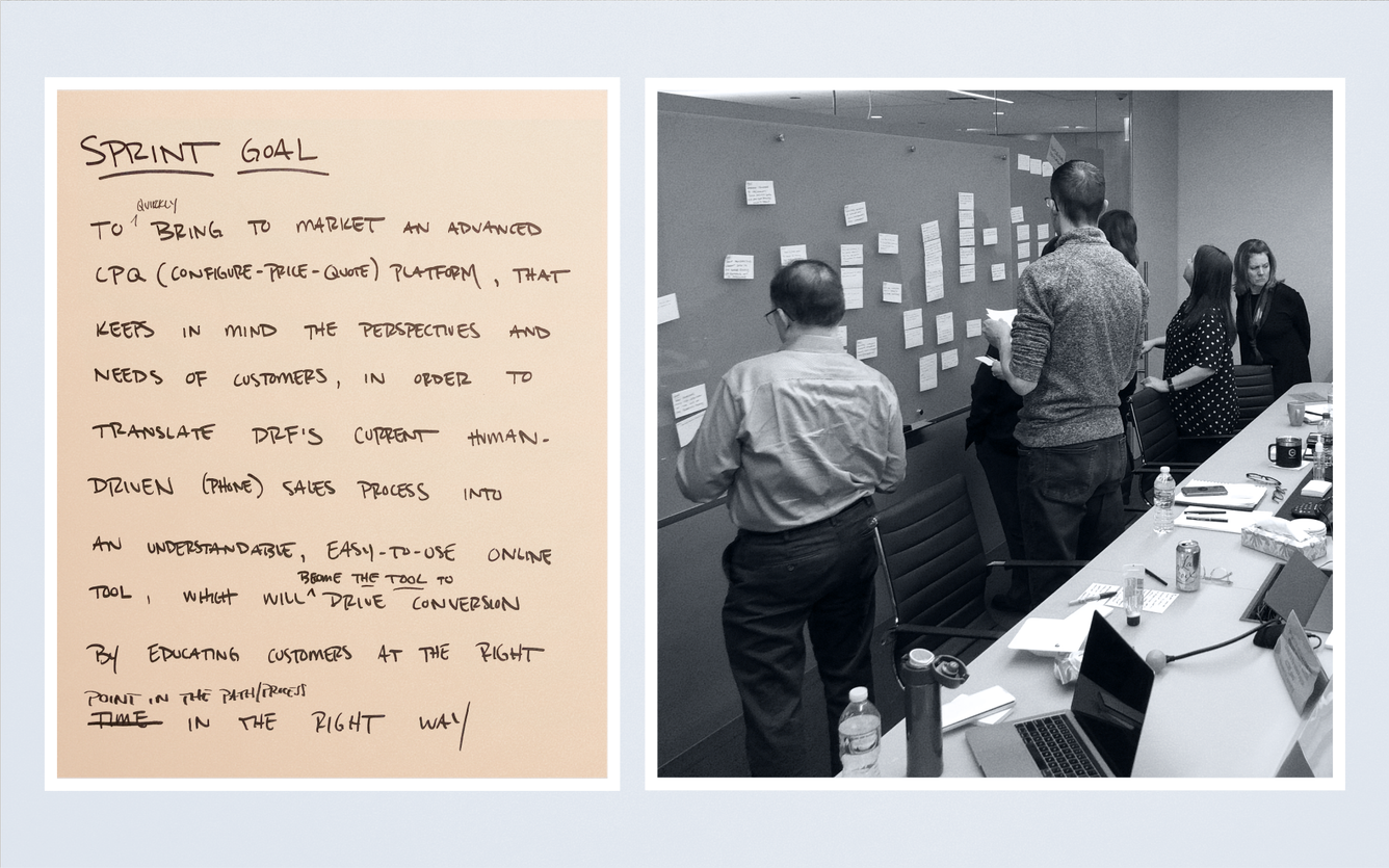 DRF goal written on paper, and the DRF team in a room collaborating with sticky notes and a whiteboard.